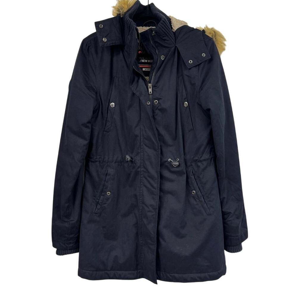 Superdry Blue Fur Lined Hooded Parka Coat Jacket Microfiber Womens M Warm Winter